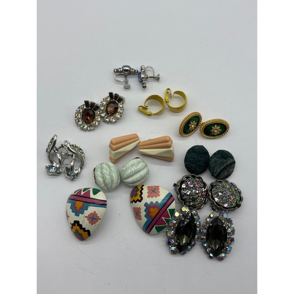 Vintage Clip On Screw Back Earring Lot 11 Pairs Rhinestone Enamel Geometric